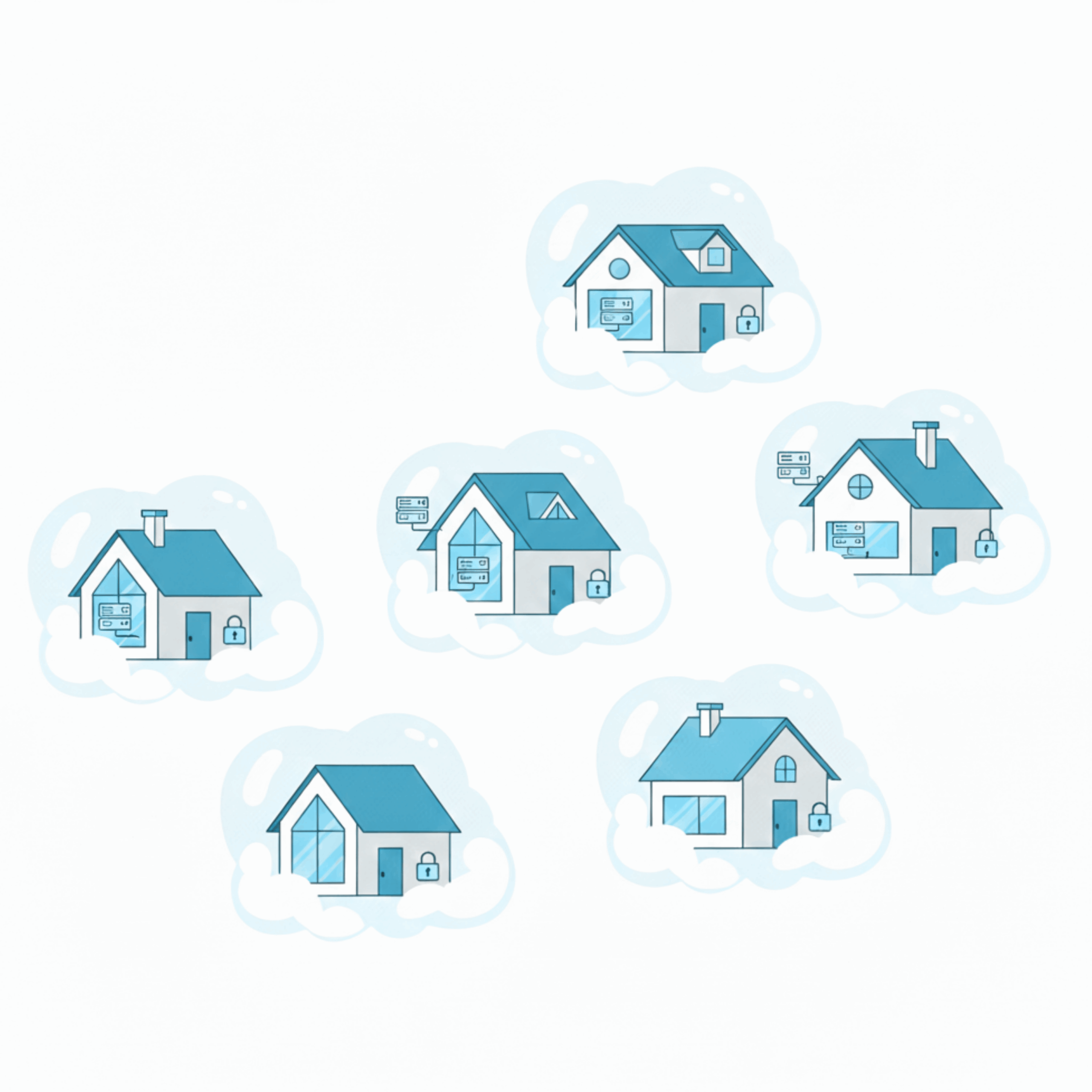 Illustration of various houses in clouds